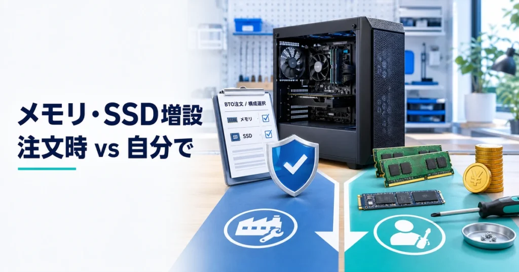 BTOパソコンのメモリ・SSDを注文時カスタムと自分で増設で比較するイメージ