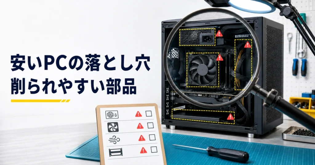 安いゲーミングPCで削られやすい電源・冷却・拡張性を点検するイメージ