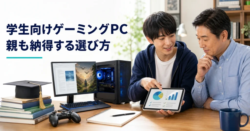 学生と保護者が学業にも使えるゲーミングPCを相談して選ぶイメージ