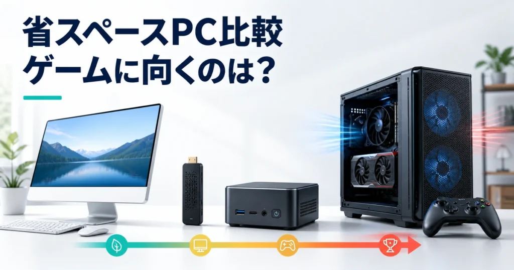 一体型PC・スティックPC・ミニPC・小型ゲーミングPCを比較するイメージ