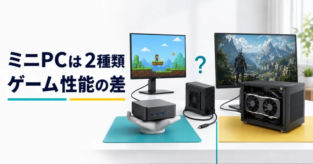 内蔵GPUのミニPCと専用GPU搭載小型PCのゲーム性能を比較するイメージ