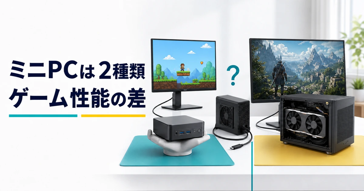 内蔵GPUのミニPCと専用GPU搭載小型PCのゲーム性能を比較するイメージ