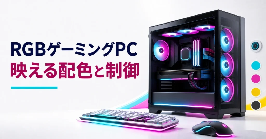 RGBゲーミングPCの配色とライティング制御を示すイメージ