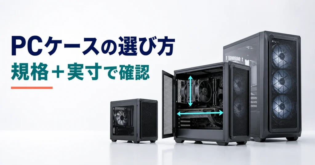 ATX・MicroATX・Mini-ITX対応PCケースと実寸確認を示すイメージ