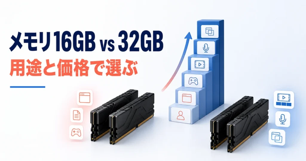 メモリ16GBと32GBを用途と価格で比較するイメージ