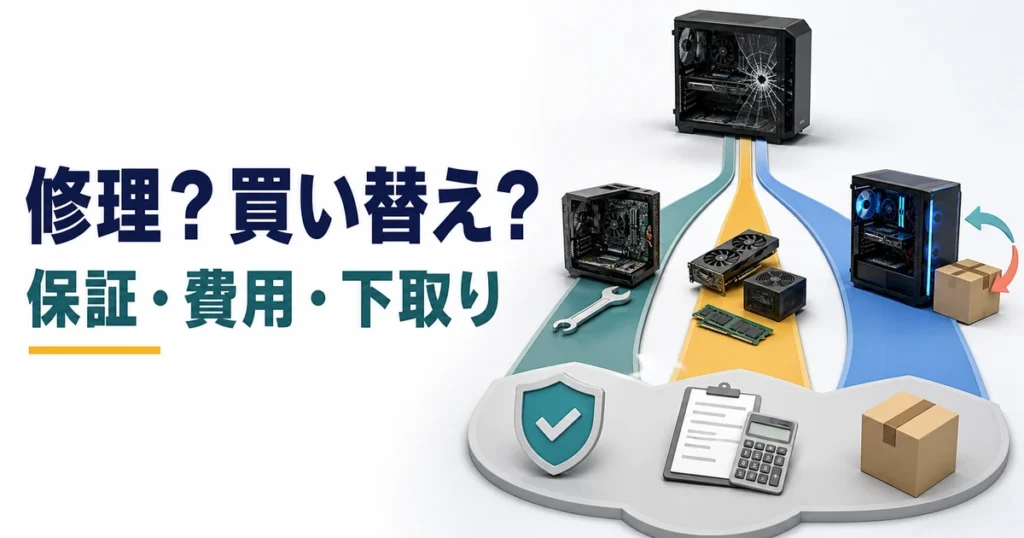 ゲーミングPCの修理・パーツ交換・買い替えを保証・費用・下取りで比較するイメージ