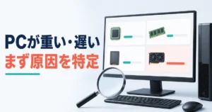 CPU・メモリ・ストレージ・GPUの使用状況からパソコンが重い原因を特定するイメージ