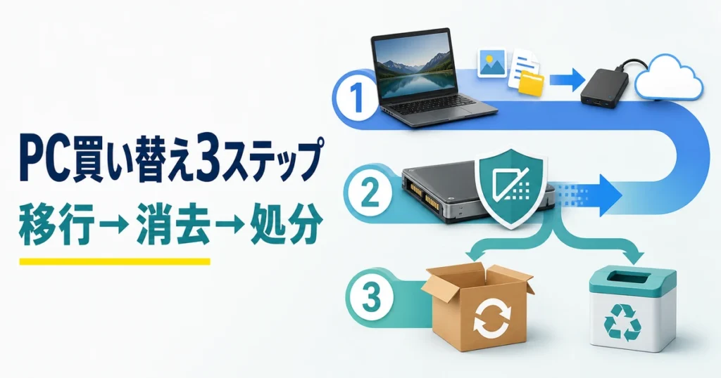 パソコン買い替え時のデータ移行・完全消去・下取りまたは正規処分の3ステップ