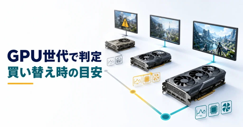 古い世代から新しい世代までのGPUとゲーム表示を比べて買い替え時を判断するイメージ