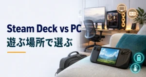 携帯ゲーミングPCとデスクトップゲーミングPCを遊ぶ場所で比較するイメージ