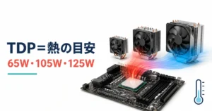 CPUのTDPを発熱と必要な空冷クーラーの大きさで示すイメージ