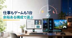 昼の在宅ワークと夜のゲームを同じゲーミングPCで快適にこなすイメージ