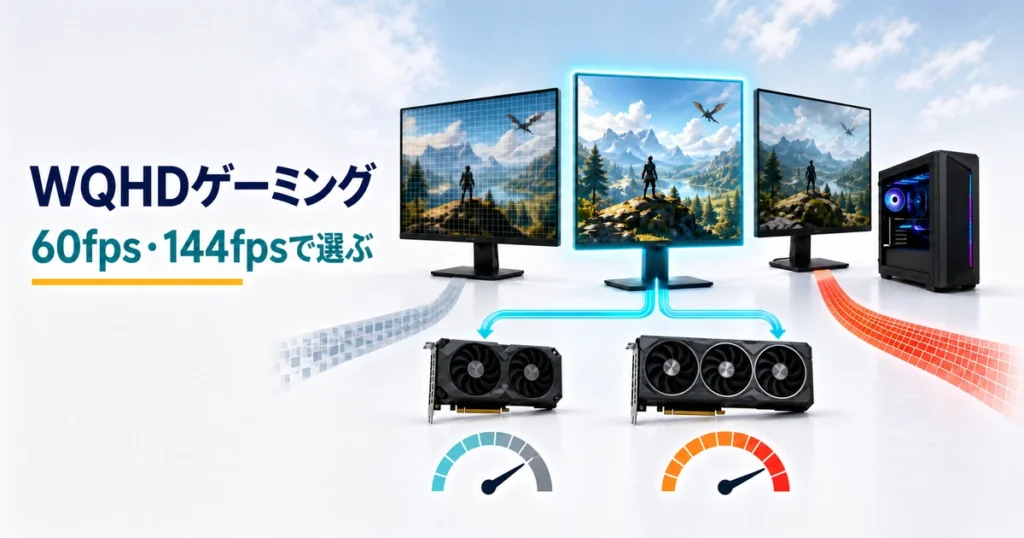 フルHD・WQHD・4Kの描画負荷とWQHDの目標fpsに合うGPUを比較するイメージ