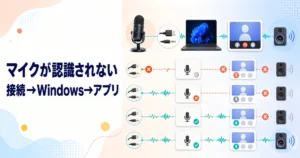 PCマイクの接続・Windows設定・通話アプリを順に確認して音声経路を直すイメージ
