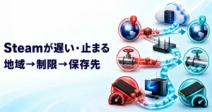 Steamのダウンロード速度を地域・帯域制限・保存先の順に確認するイメージ