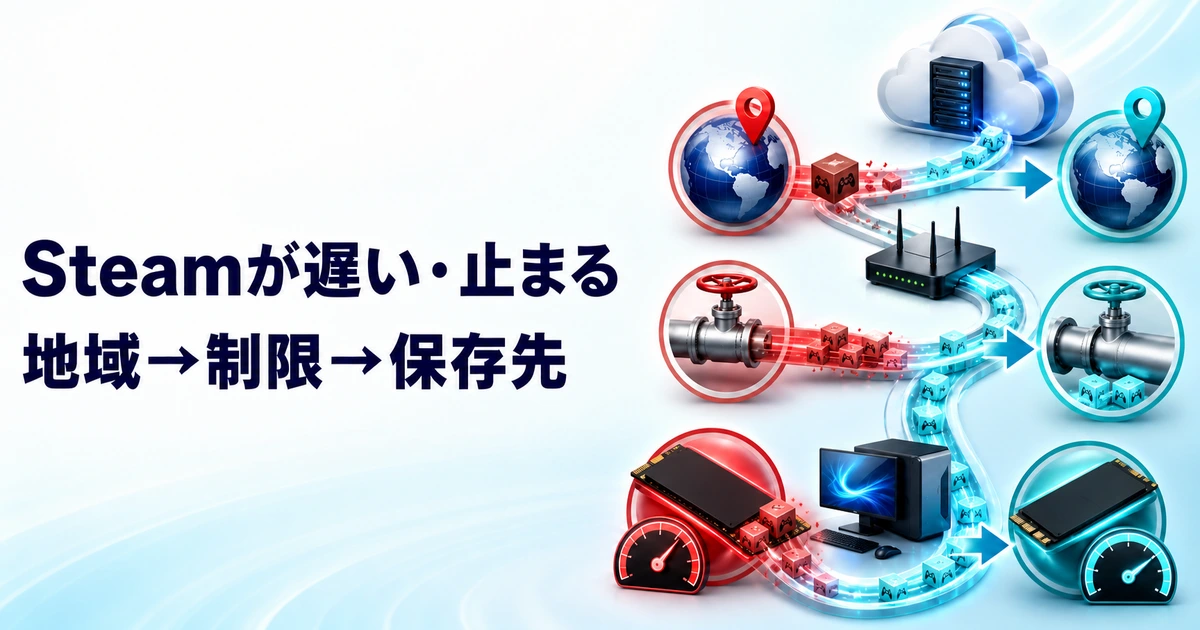 Steamのダウンロード速度を地域・帯域制限・保存先の順に確認するイメージ
