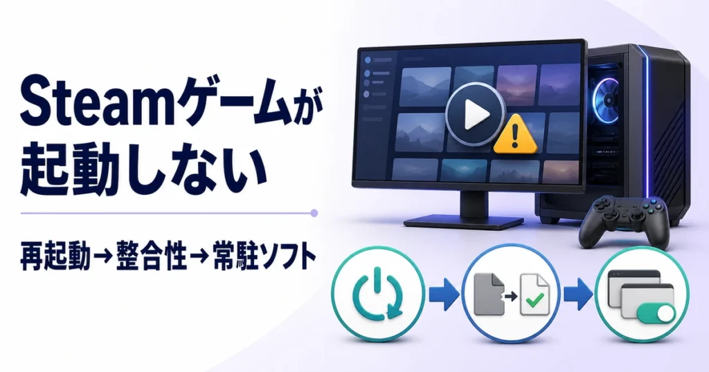 Steamゲームが起動しない時に再起動・ファイル整合性・常駐ソフトを順に確認するイメージ