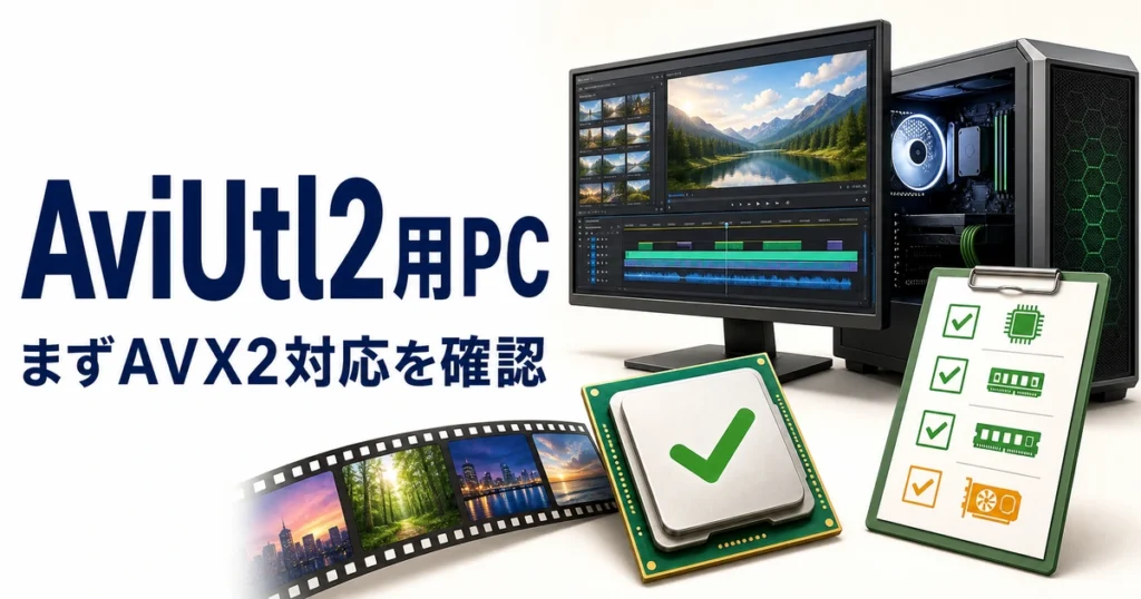 AviUtl2用PCでCPUのAVX2対応と動画編集環境を確認するイメージ
