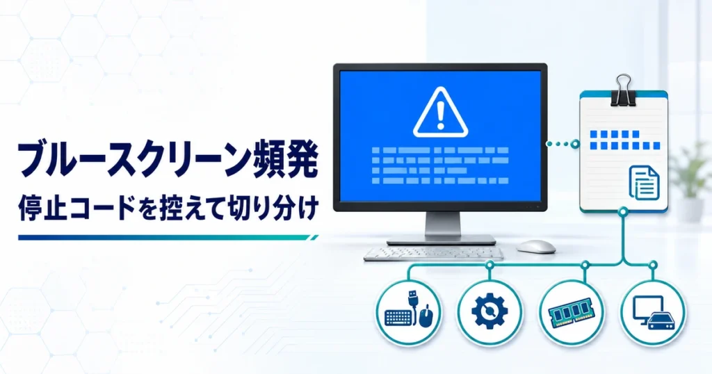ブルースクリーンの停止コードを控え、周辺機器・ドライバ・メモリを切り分けるイメージ