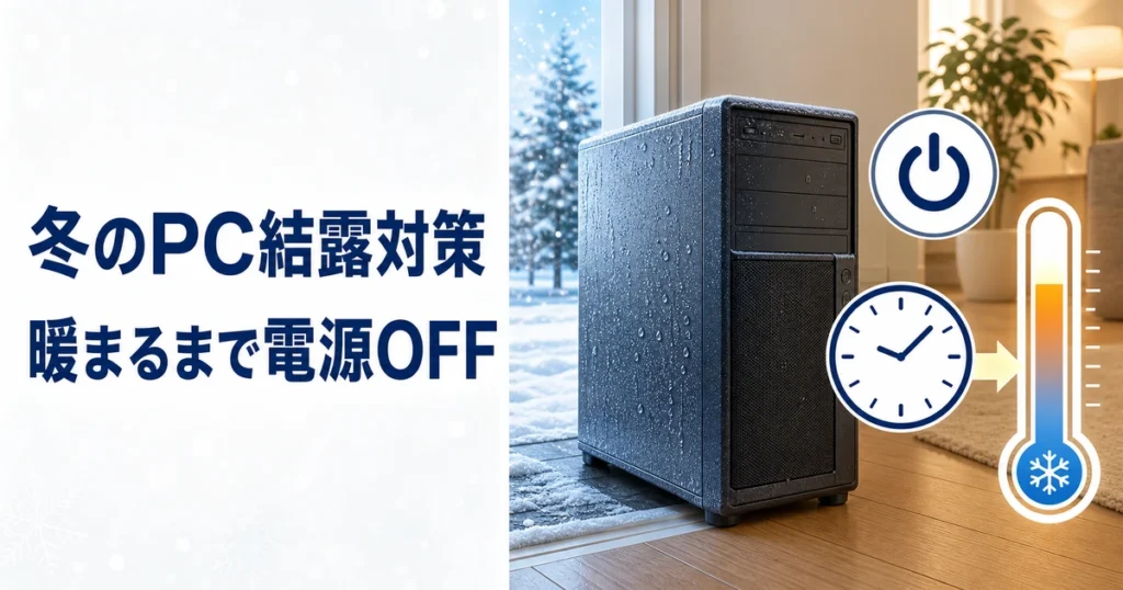 冬に冷えたPCを暖かい室内へ移動し、結露を避けるため暖まるまで電源を入れずに待つイメージ
