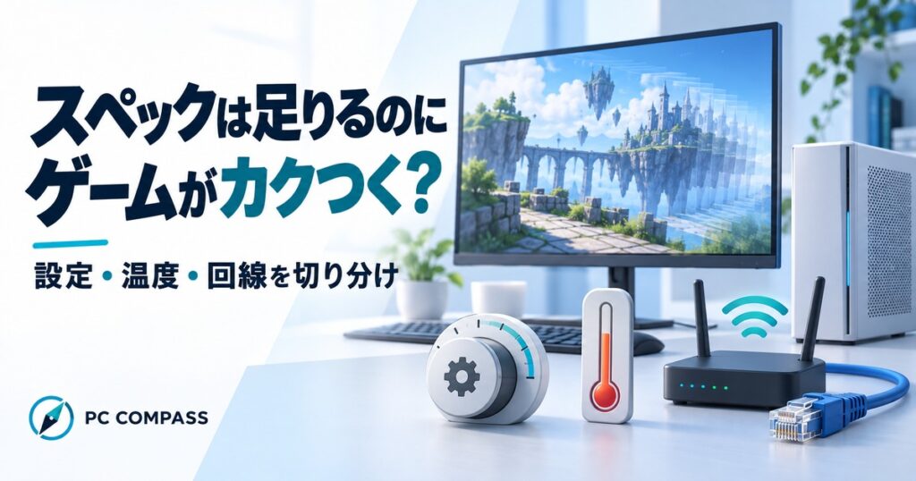 PCゲームがカクつく時に、設定・温度・回線を切り分けるためのPCと通信機器のイメージ