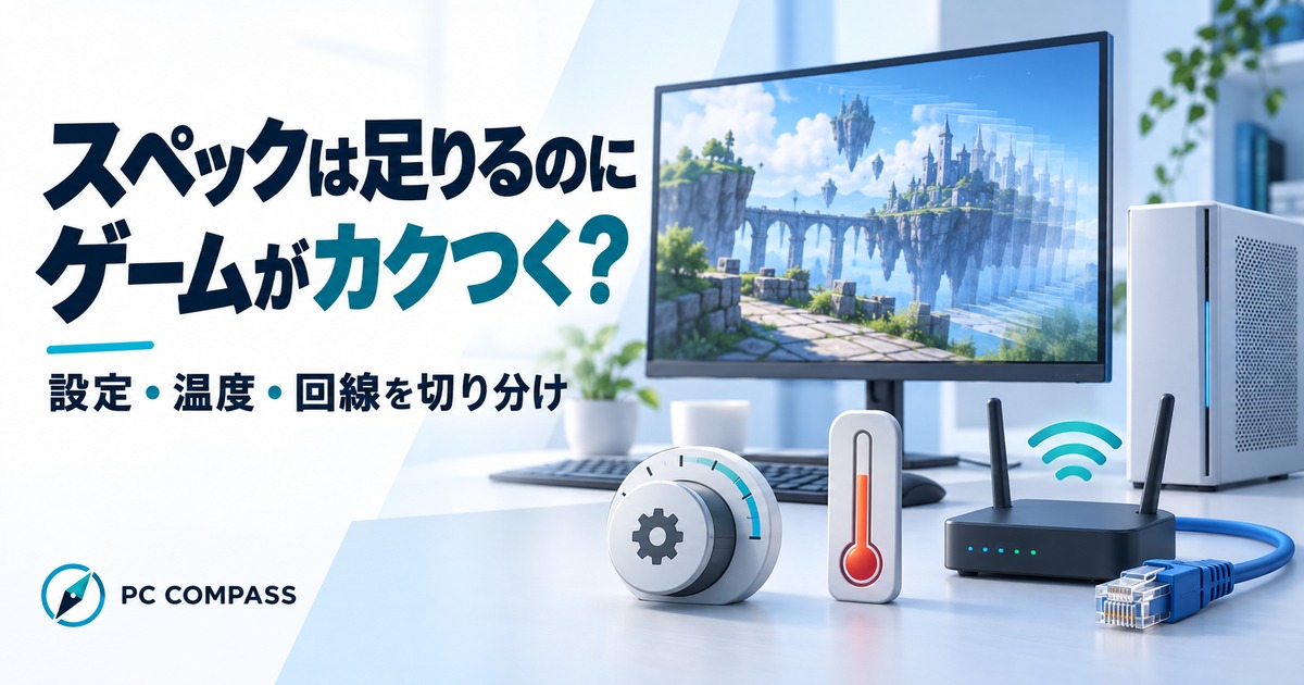 PCゲームがカクつく時に、設定・温度・回線を切り分けるためのPCと通信機器のイメージ