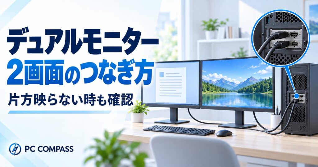 2枚のモニターをPCの別々の映像端子へ接続するイメージ。片方映らない時の確認にも対応
