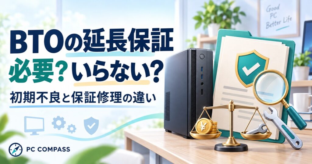 BTOパソコンの延長保証が必要かを、保証条件・費用・修理で困る度合いから比べるイメージ