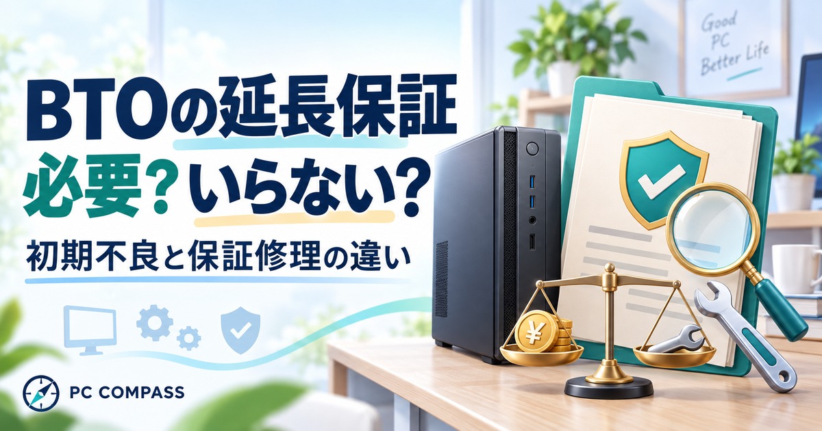 BTOパソコンの延長保証が必要かを、保証条件・費用・修理で困る度合いから比べるイメージ