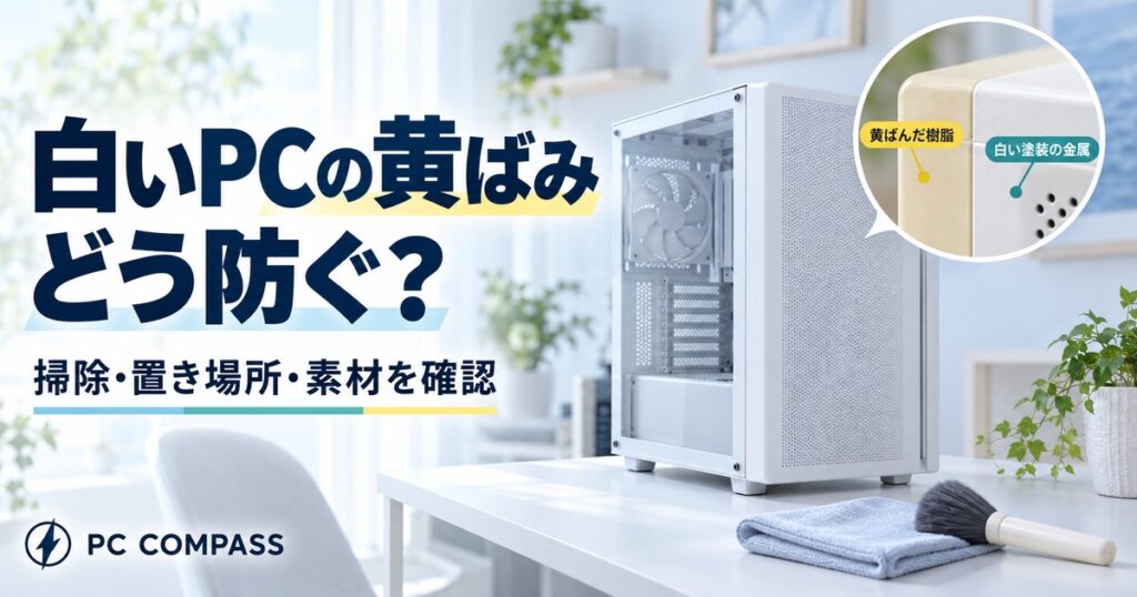 白いPCの黄ばみを防ぐために掃除・置き場所・素材を確認するイメージ。樹脂と塗装の違いを拡大