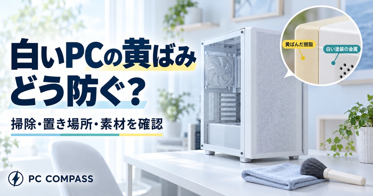 白いPCの黄ばみを防ぐために掃除・置き場所・素材を確認するイメージ。樹脂と塗装の違いを拡大