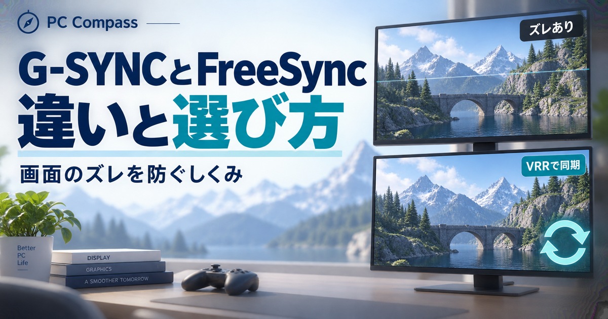 画面がずれる状態とVRRで同期する状態を比べるイメージ