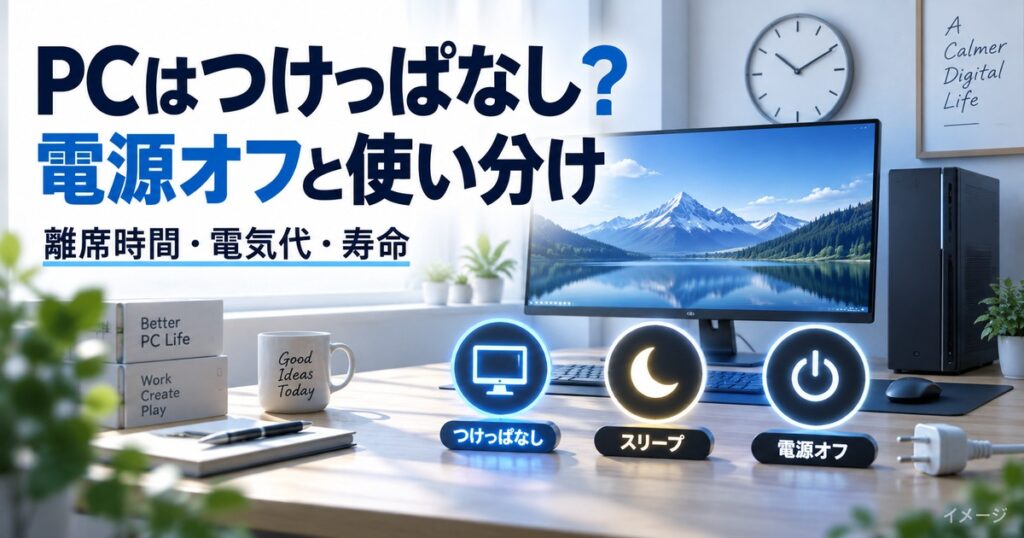 PCのつけっぱなしとスリープと電源オフを使い分けるイメージ