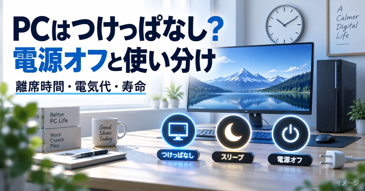 PCのつけっぱなしとスリープと電源オフを使い分けるイメージ