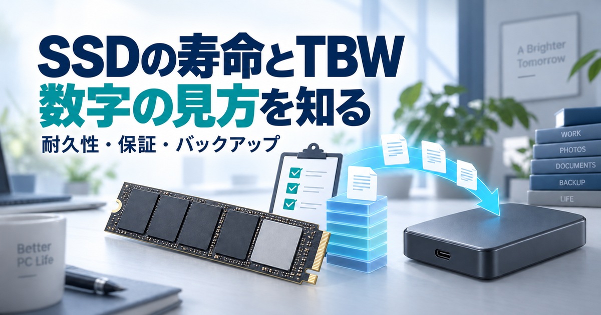 SSDの耐久性と保証を確認し別ドライブへバックアップするイメージ