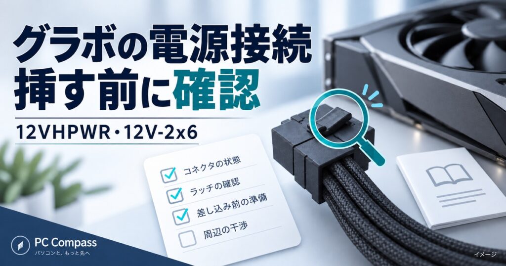 グラボの電源コネクタと説明書を接続前に確認する概念イメージ