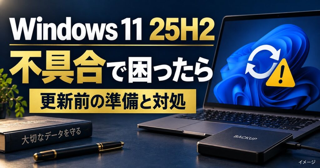 Windows 11 25H2の不具合と対処法｜更新前の準備も初心者向けに解説の記事用イメージ