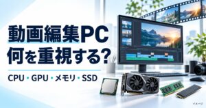 動画編集PCの選び方。CPU・GPU・メモリ・SSDを編集作業に合わせて確認するイメージ