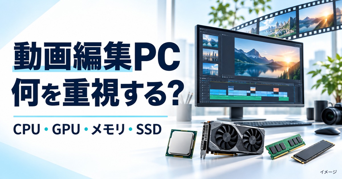 動画編集PCの選び方。CPU・GPU・メモリ・SSDを編集作業に合わせて確認するイメージ