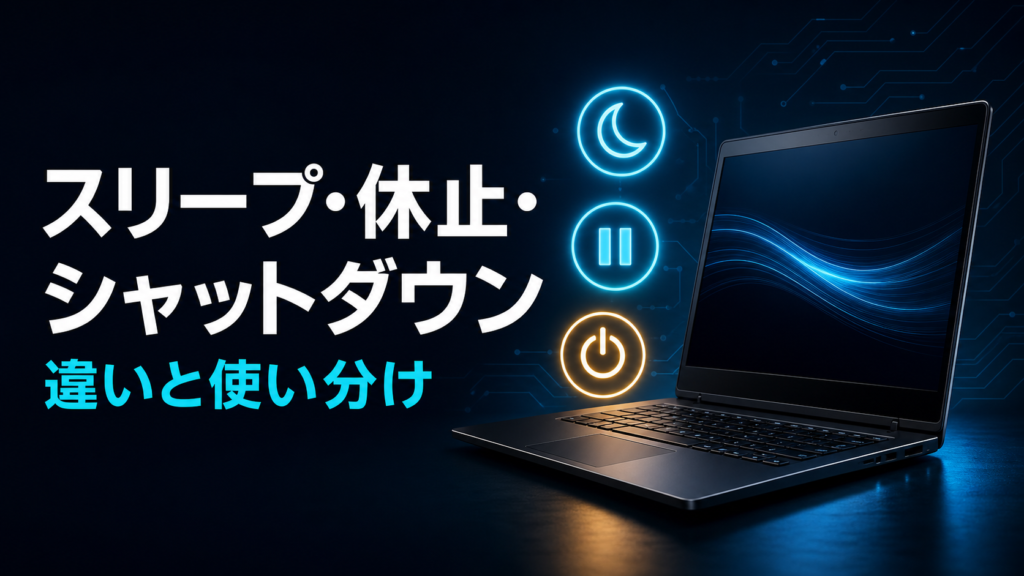 スリープ・休止状態・シャットダウンの違いを表すノートPCと3つの電源アイコン