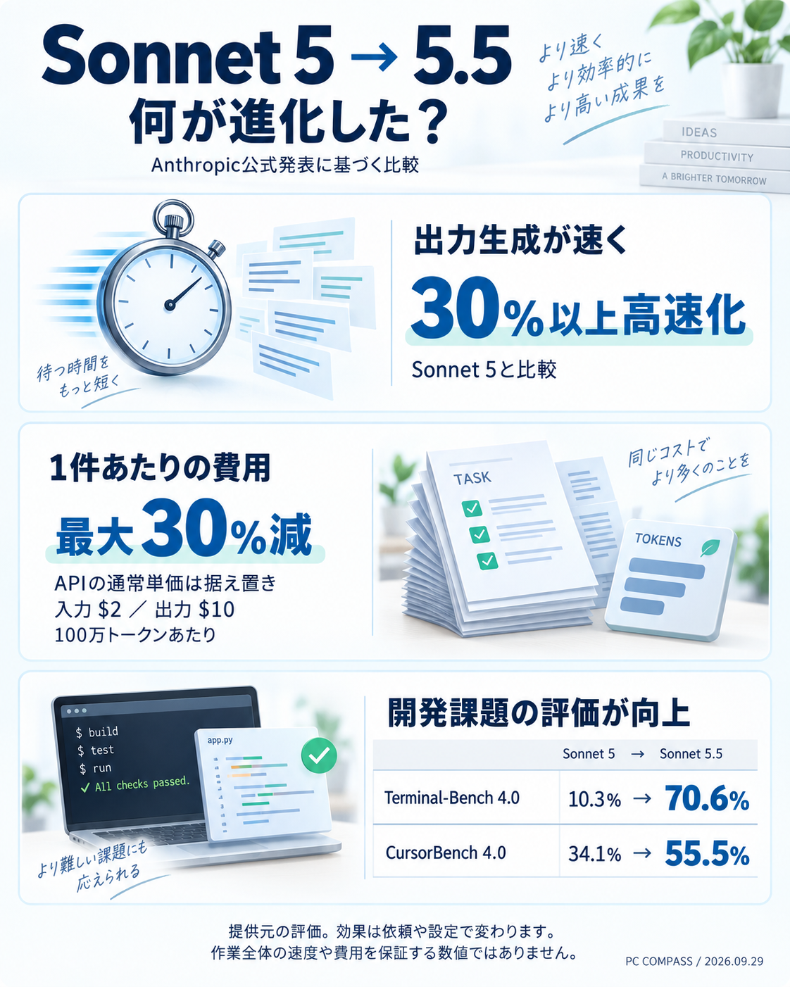 Sonnet 5から5.5への進化。出力生成30%以上高速化、1件あたり費用最大30%減、通常API単価据え置き。Terminal-Bench 4.0は10.3%から70.6%、CursorBench 4.0は34.1%から55.5%へ向上した公式評価を整理
