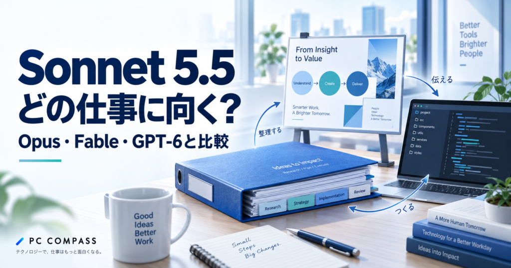 Sonnet 5.5はどの仕事に向くか。文書・スライド・コードを描き、Opus・Fable・GPT-6との比較を案内するイラスト