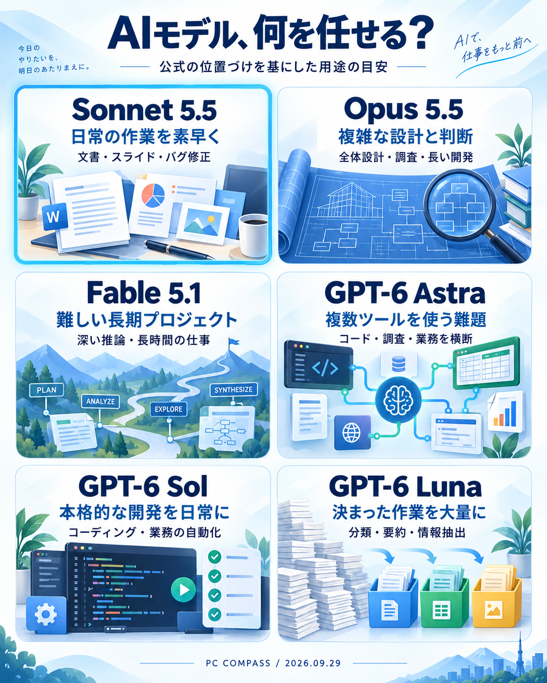 Sonnet 5.5、Opus 5.5、Fable 5.1、GPT-6 Astra・Sol・Lunaの6モデルを、日常業務・複雑な設計・長期案件・複数ツール・開発・大量処理の用途で整理した図解