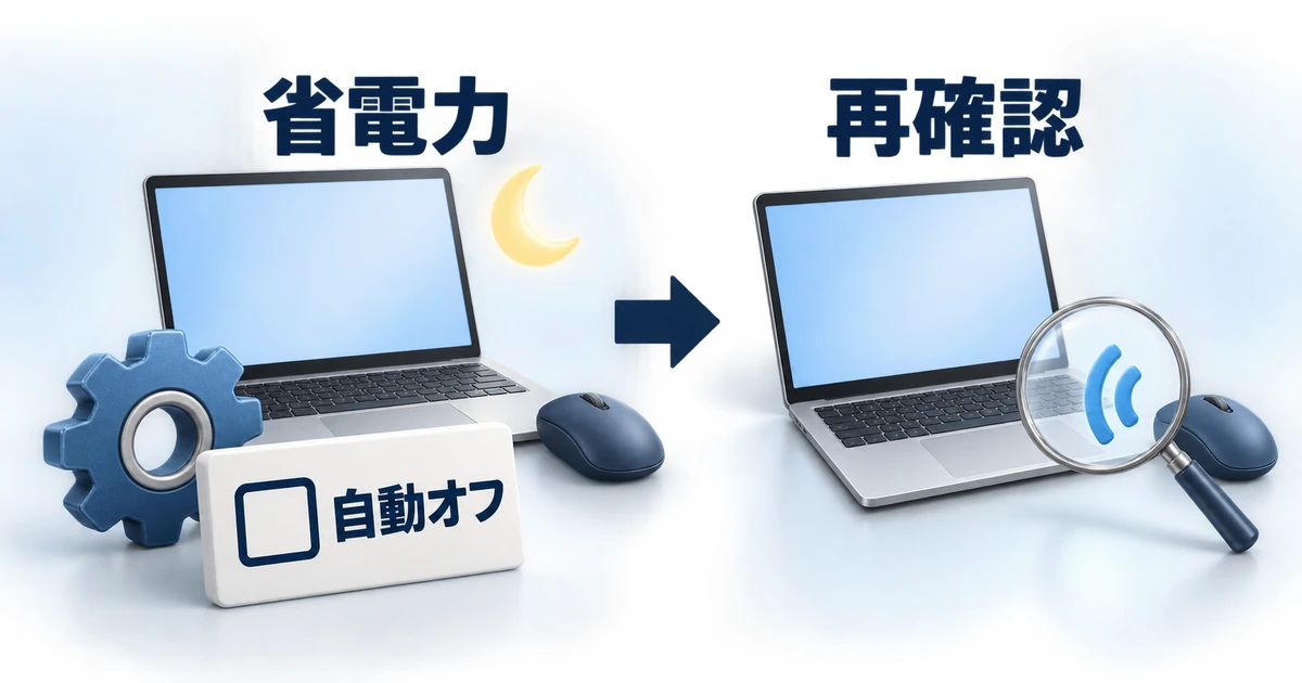 Bluetoothの切断が続く時に省電力の自動オフ設定を外し、接続を再確認するイメージ図