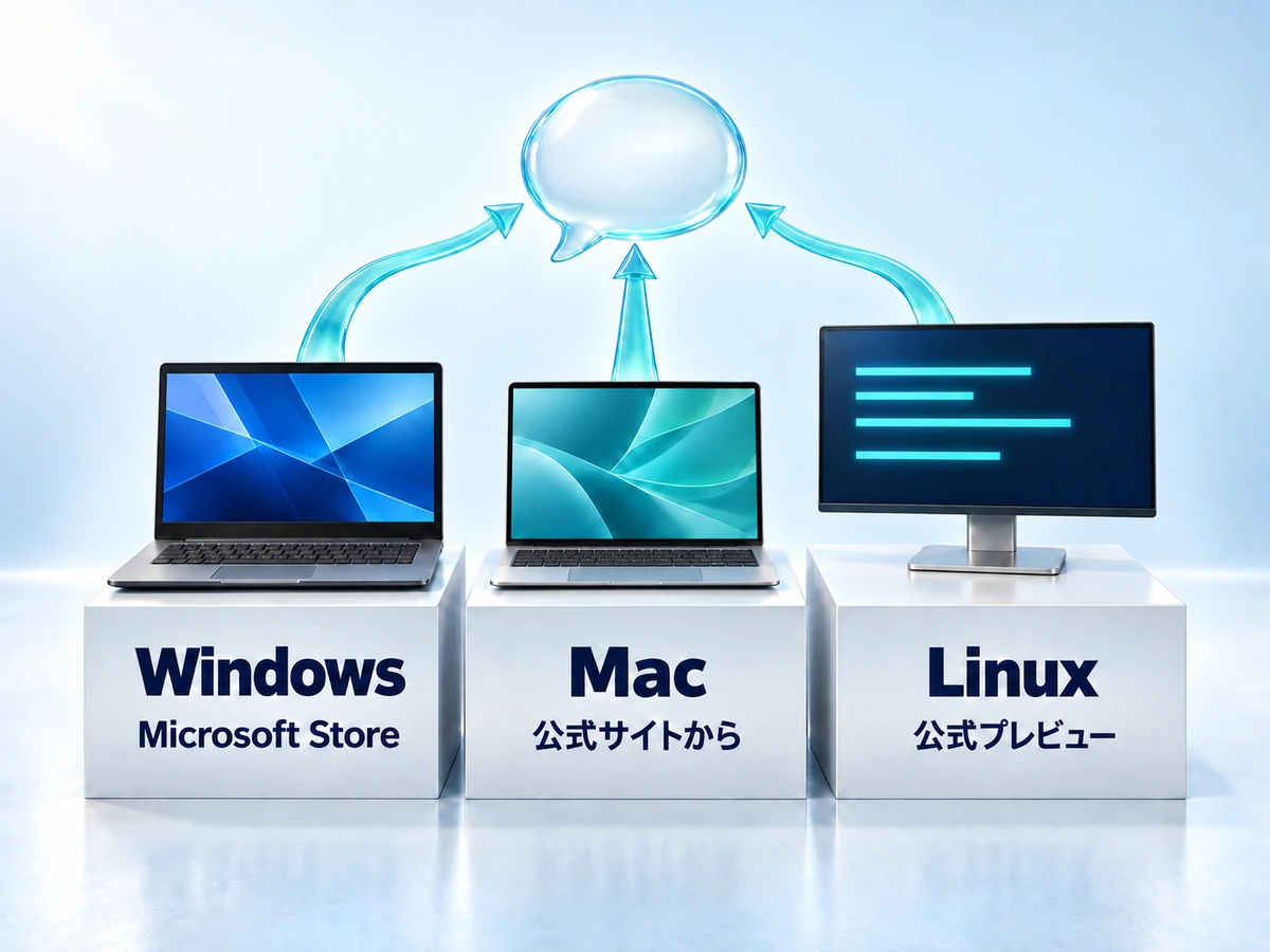 ChatGPTデスクトップアプリの入手先。WindowsはMicrosoft Store、Macは公式サイトから、Linuxは公式プレビュー