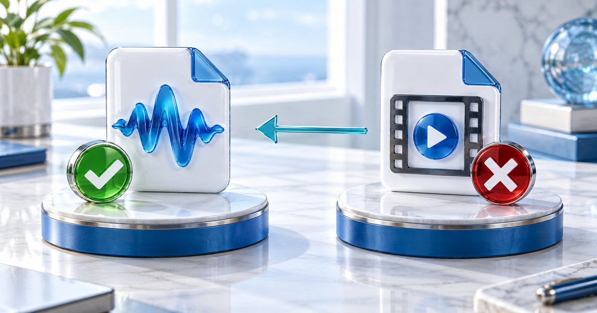 ChatGPTの音声ファイルが利用できる形式と動画扱いで対象外になる形式の違いを表すイメージ図