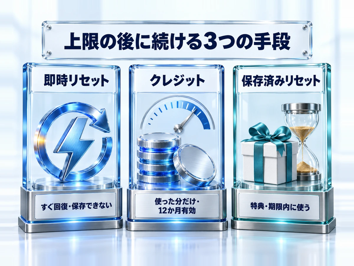 上限の後に続ける3つの手段の比較。即時リセットはすぐ回復するが保存できない、クレジットは使った分だけで12か月有効、保存済みリセットは特典で期限内に使う