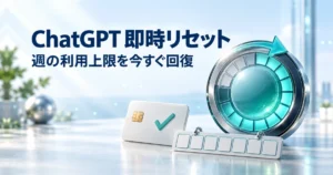 ChatGPTの即時リセット。週の利用上限を今すぐ回復する有料機能を表す、満タンに戻る利用量メーターのイメージ