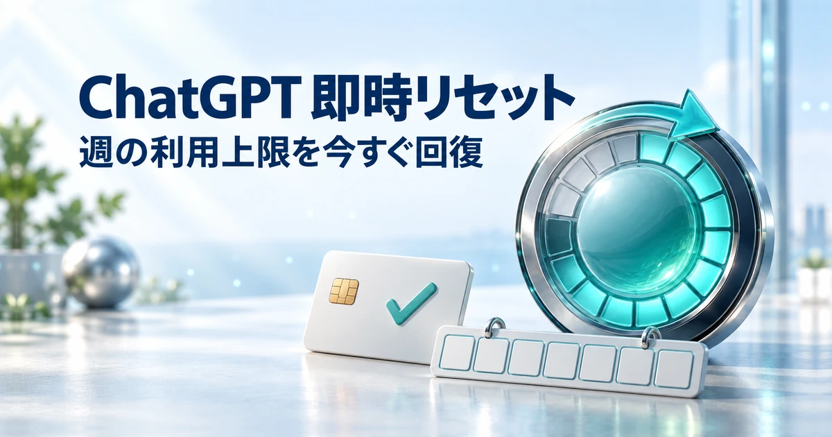 ChatGPTの即時リセット。週の利用上限を今すぐ回復する有料機能を表す、満タンに戻る利用量メーターのイメージ