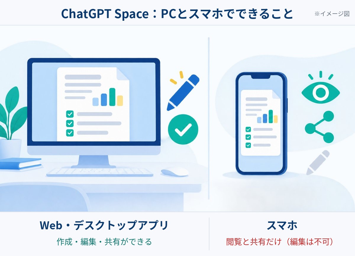 ChatGPT SpaceをPCとスマホで使う違いのイメージ図。PCは作成・編集、スマホは閲覧・共有